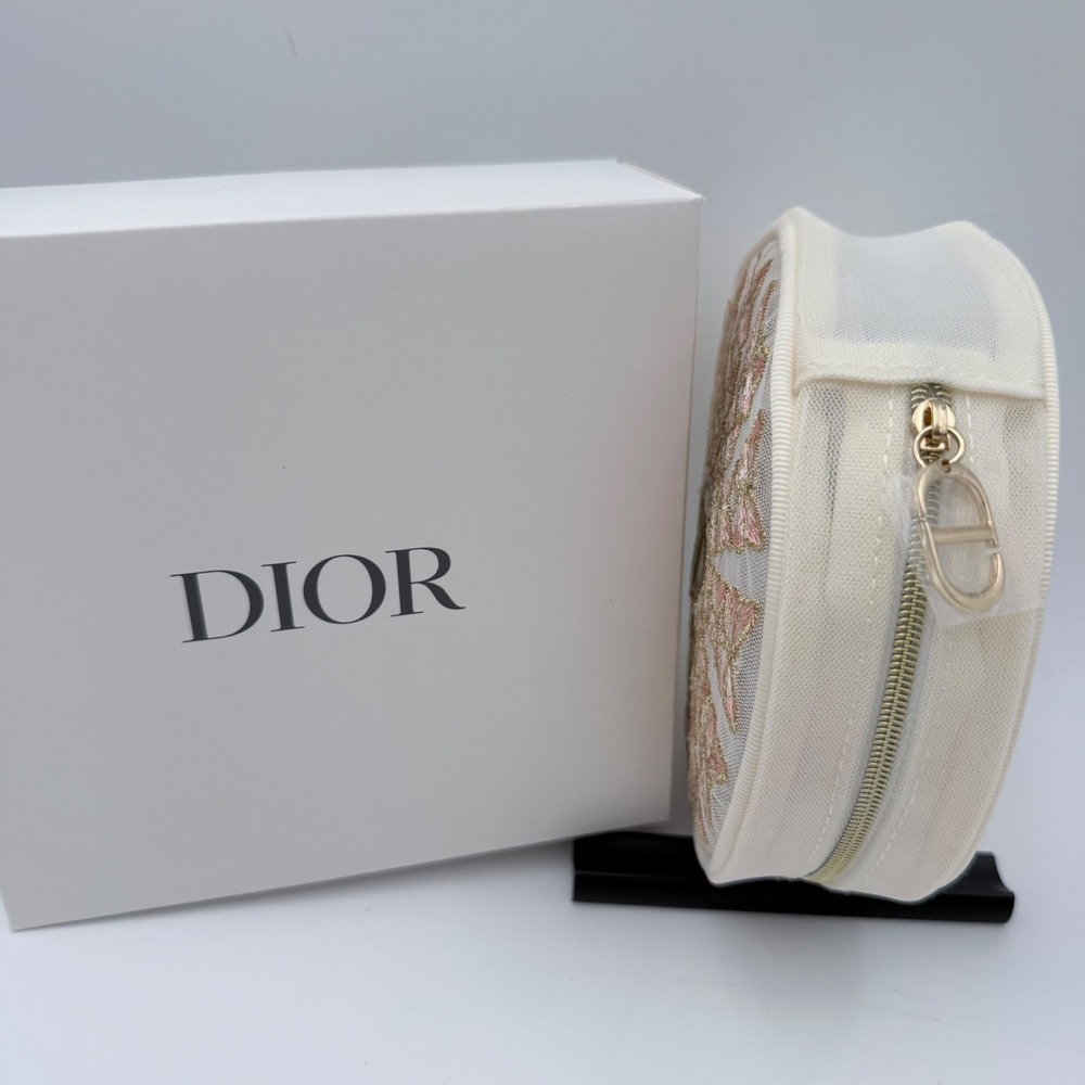 Dior Butterfly Mesh Makeup Bag Round Pink Embroidered Zip Pouch New - Picture 6 of 8
